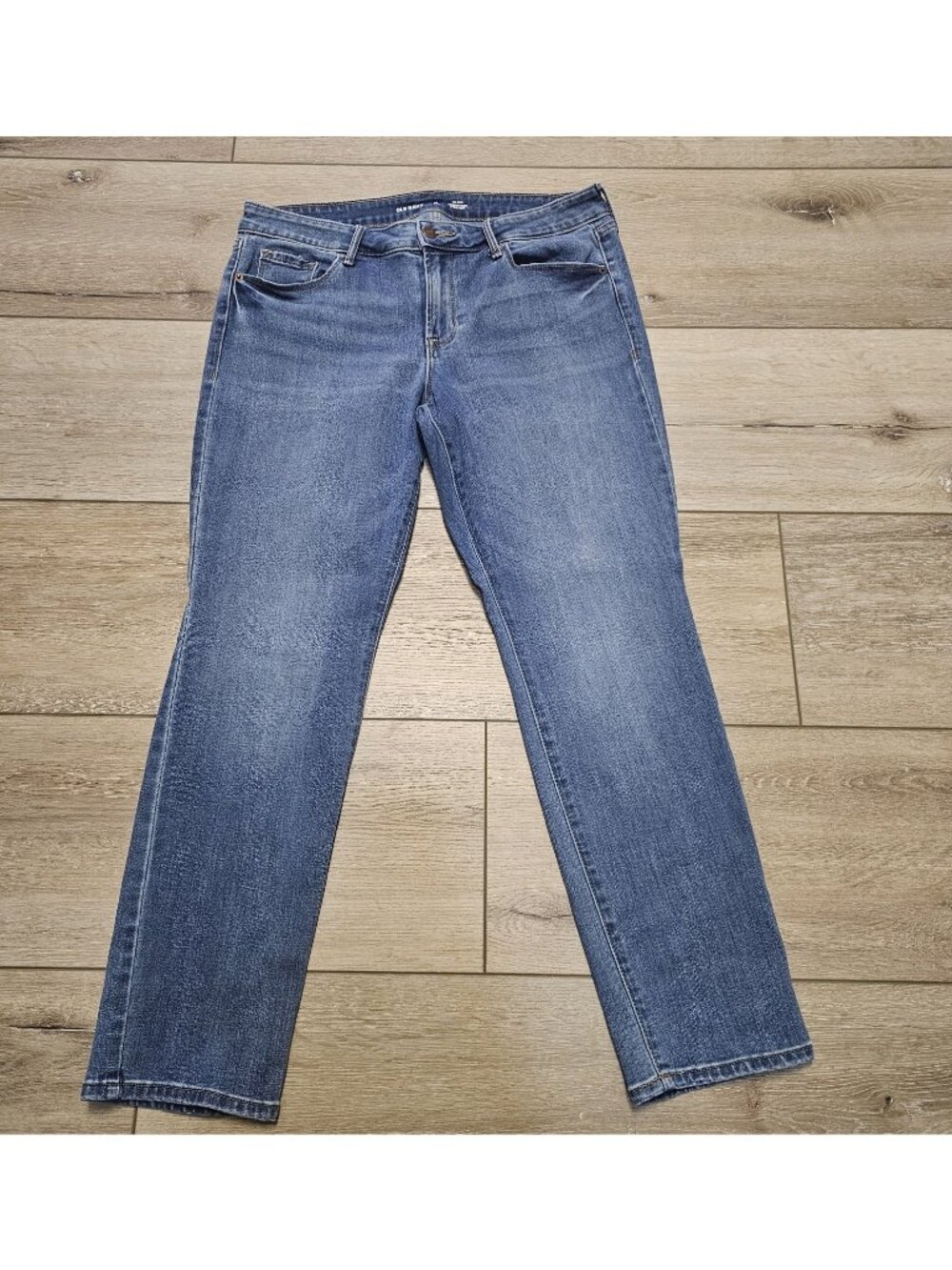Old Navy Blue Denim Mid Rise Power Slim Straight Jeans Women’s Size 12 Short